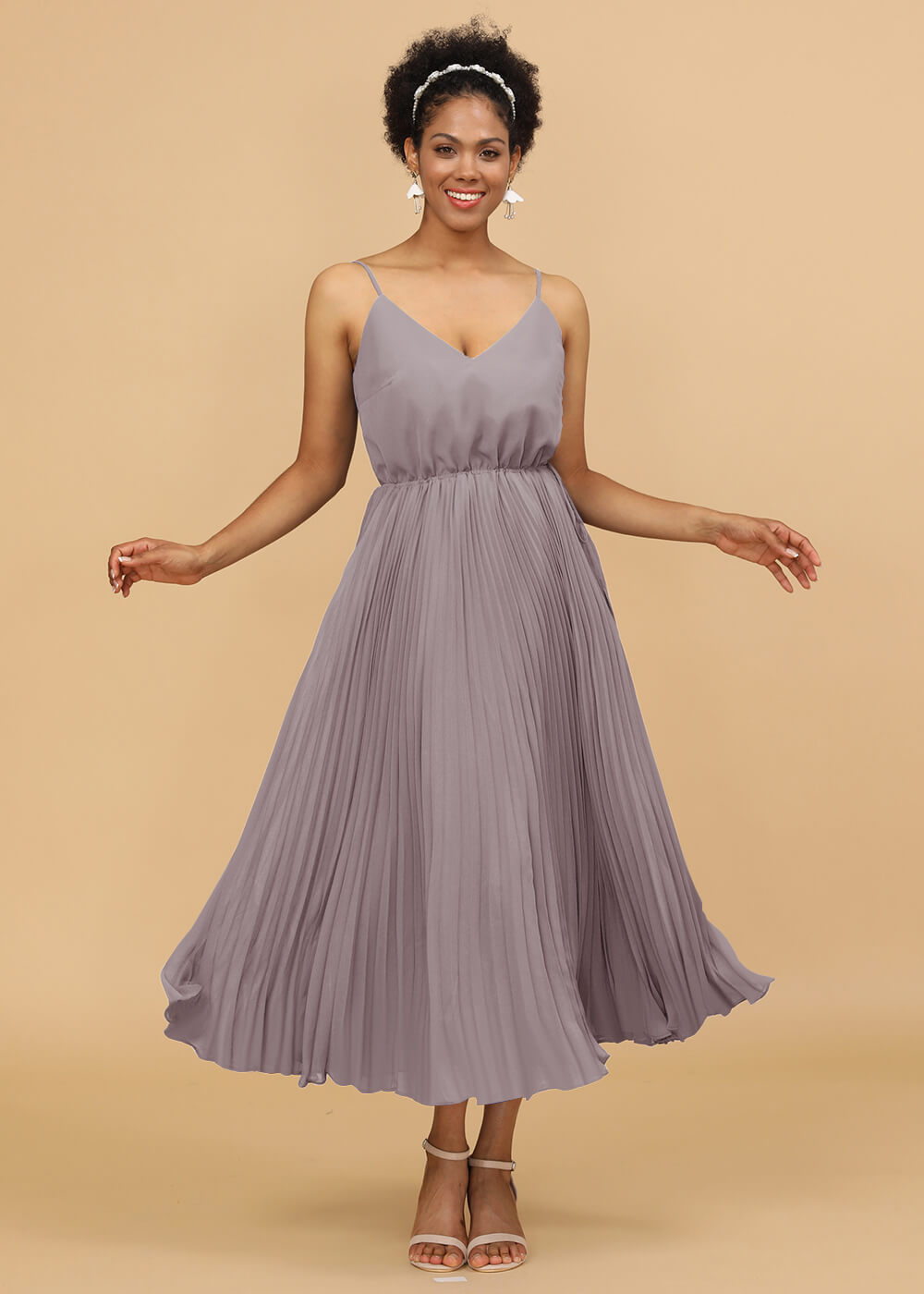 V-neck Spaghetti Strap Tea Length Bridesmaid Dress