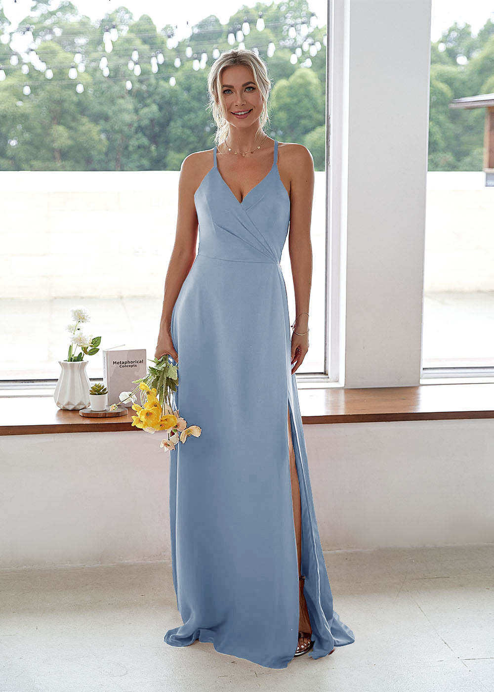 V-neck High Slit Bridesmaid Dress