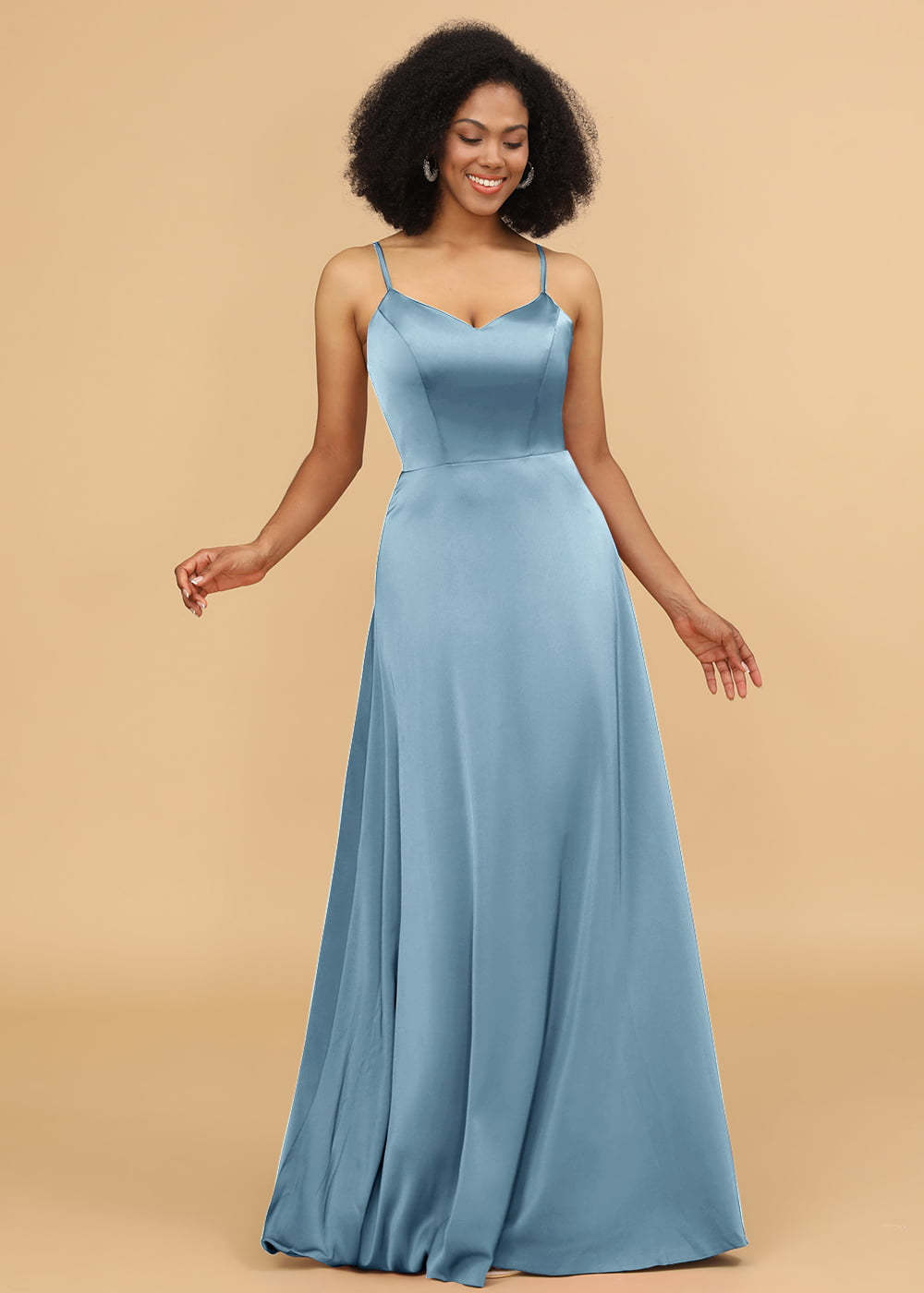 Satin V-neck Spaghetti Strap Bridesmaid Dress