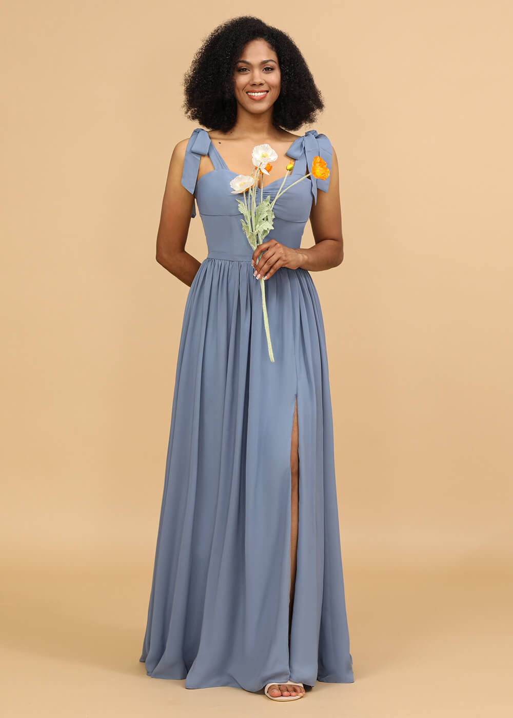 Long A-line Chiffon Strap Sweetheart Neck Bridesmaid Dress with Slit