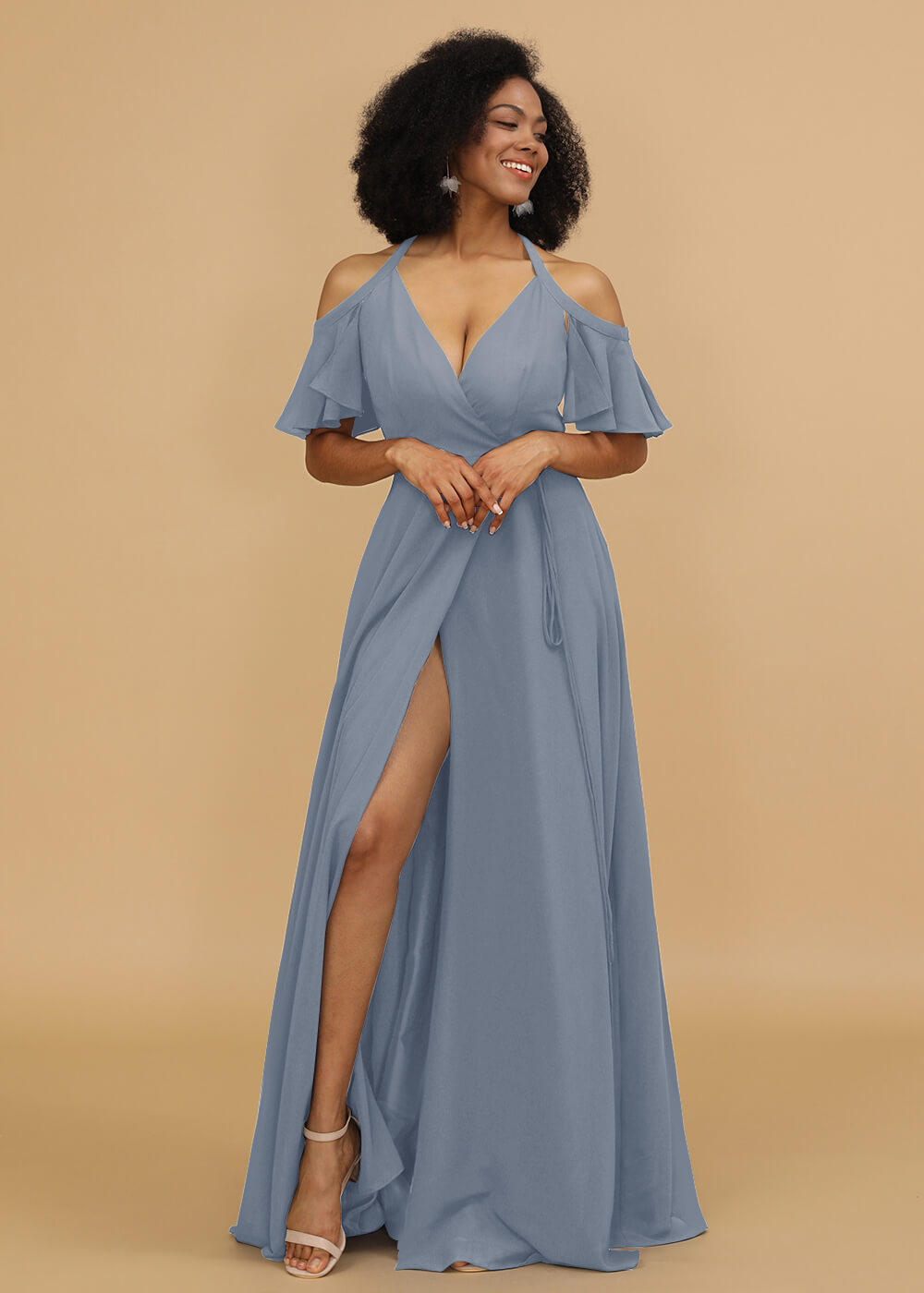 Ruffles Sleeves A-line Wrap Bridesmaid Dress