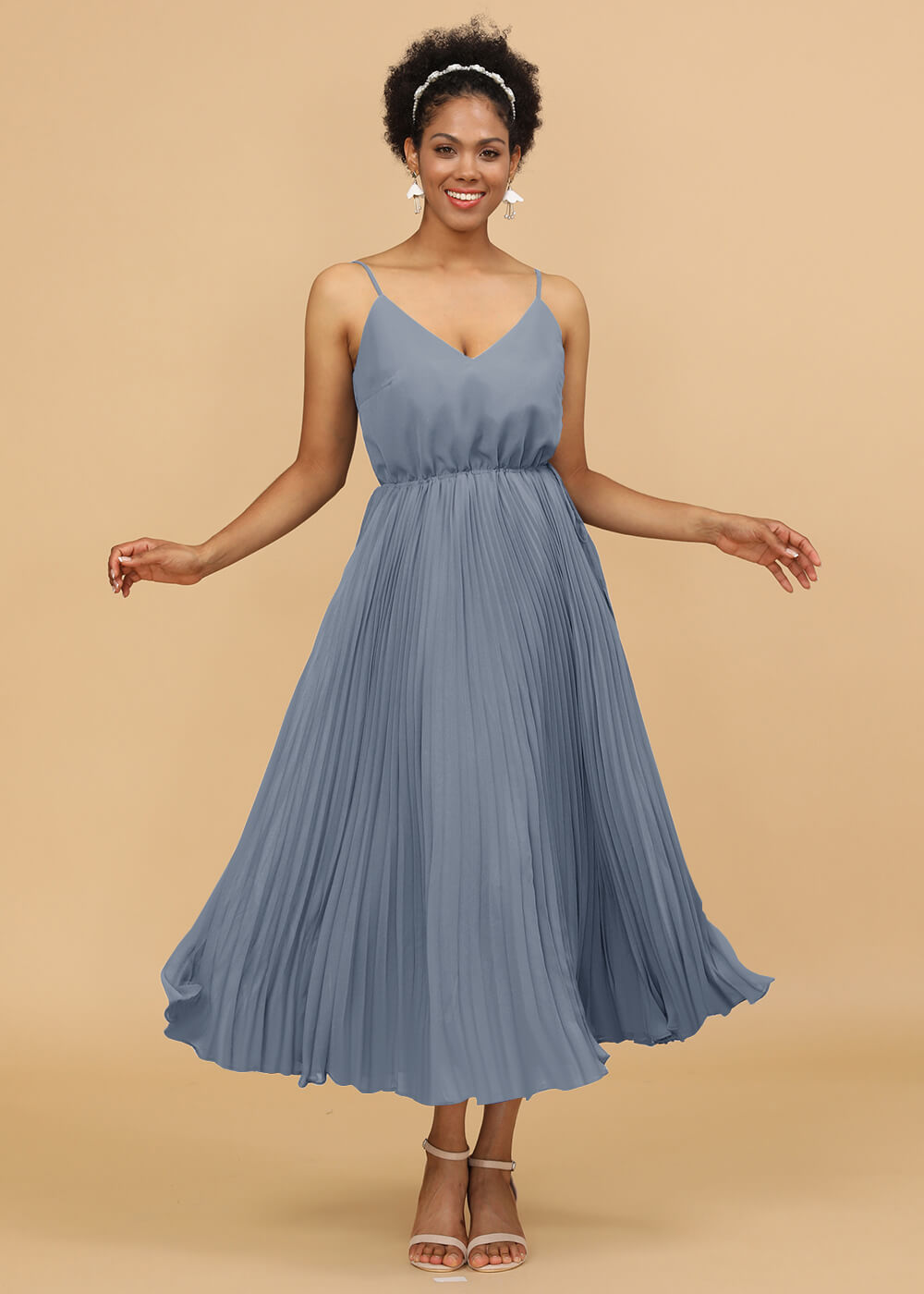 V-neck Spaghetti Strap Tea Length Bridesmaid Dress