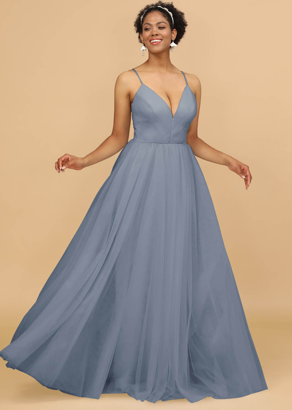 Deep V-neck Strap Tulle Bridesmaid Dress