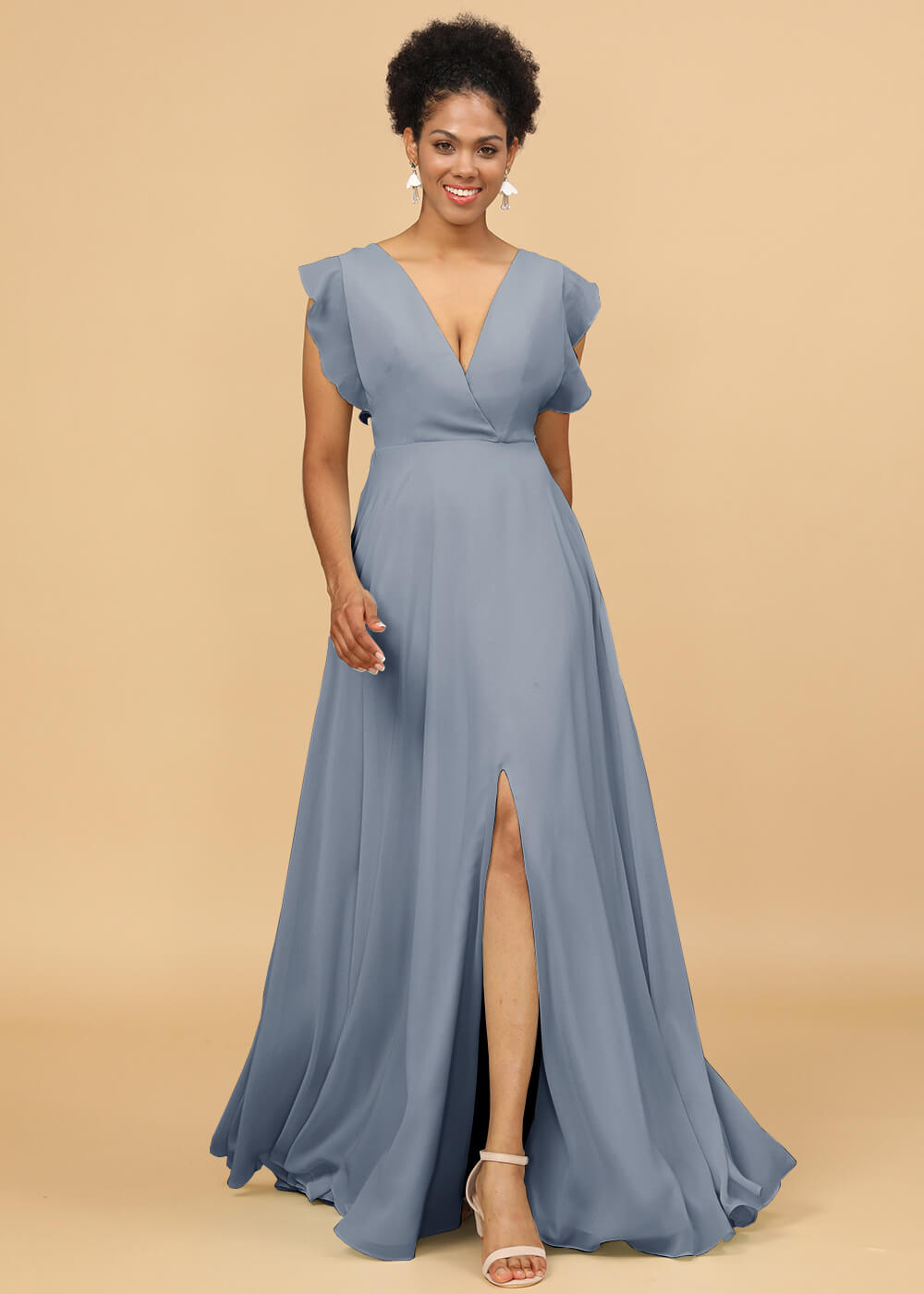 V neck Ruffles Cap Sleeve V back Chiffon A line Maxi Bridesmaid Dress with Slit Leely