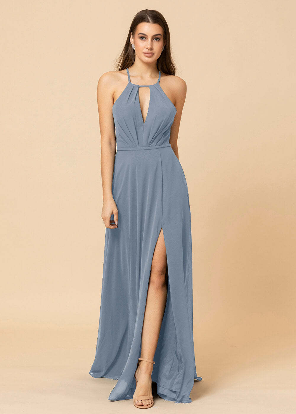 Halter Neck Chiffon Floor Length Bridesmaid Dress