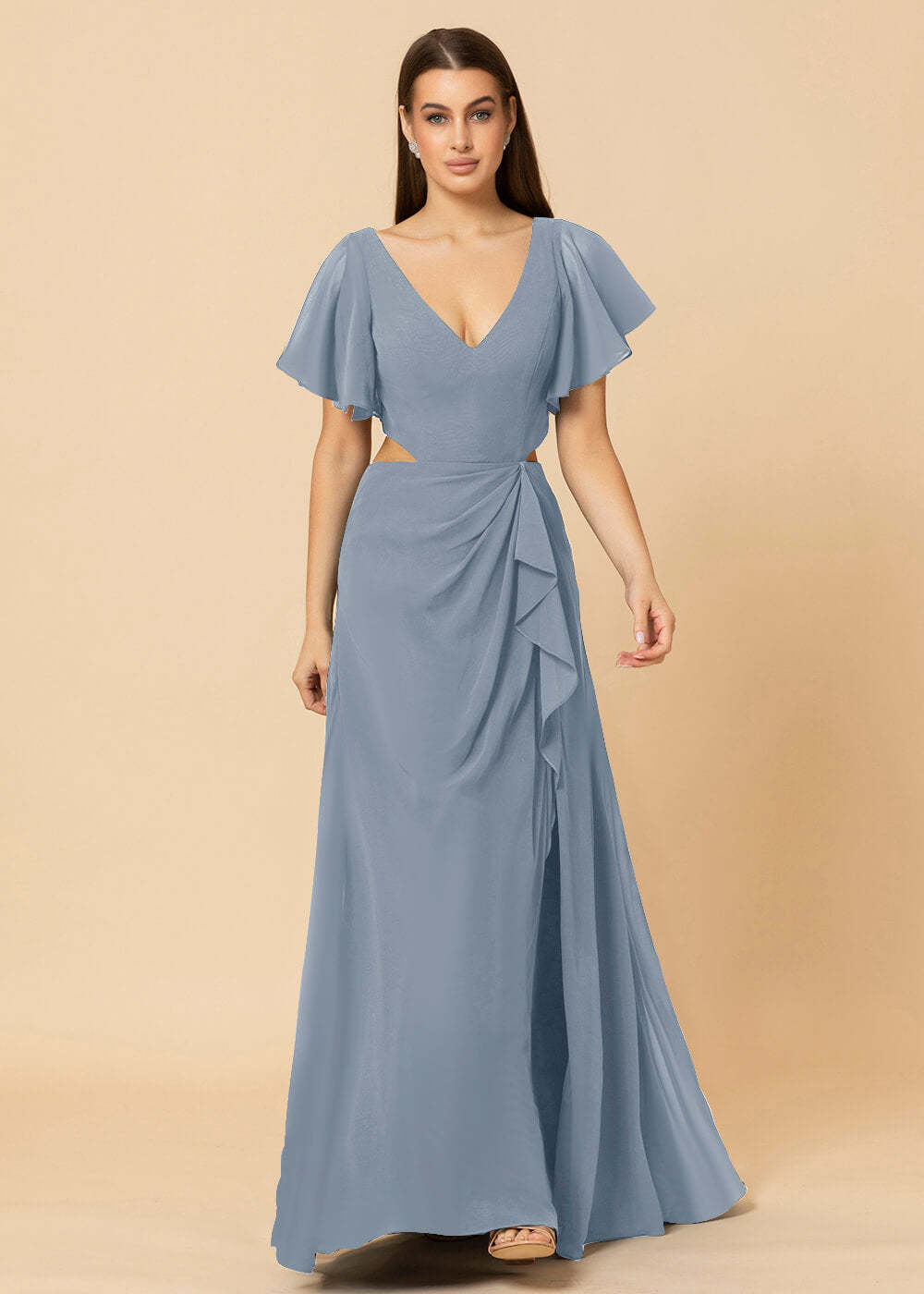 V-neck Waist Cut Out Floor Length Bridesmaid Dress