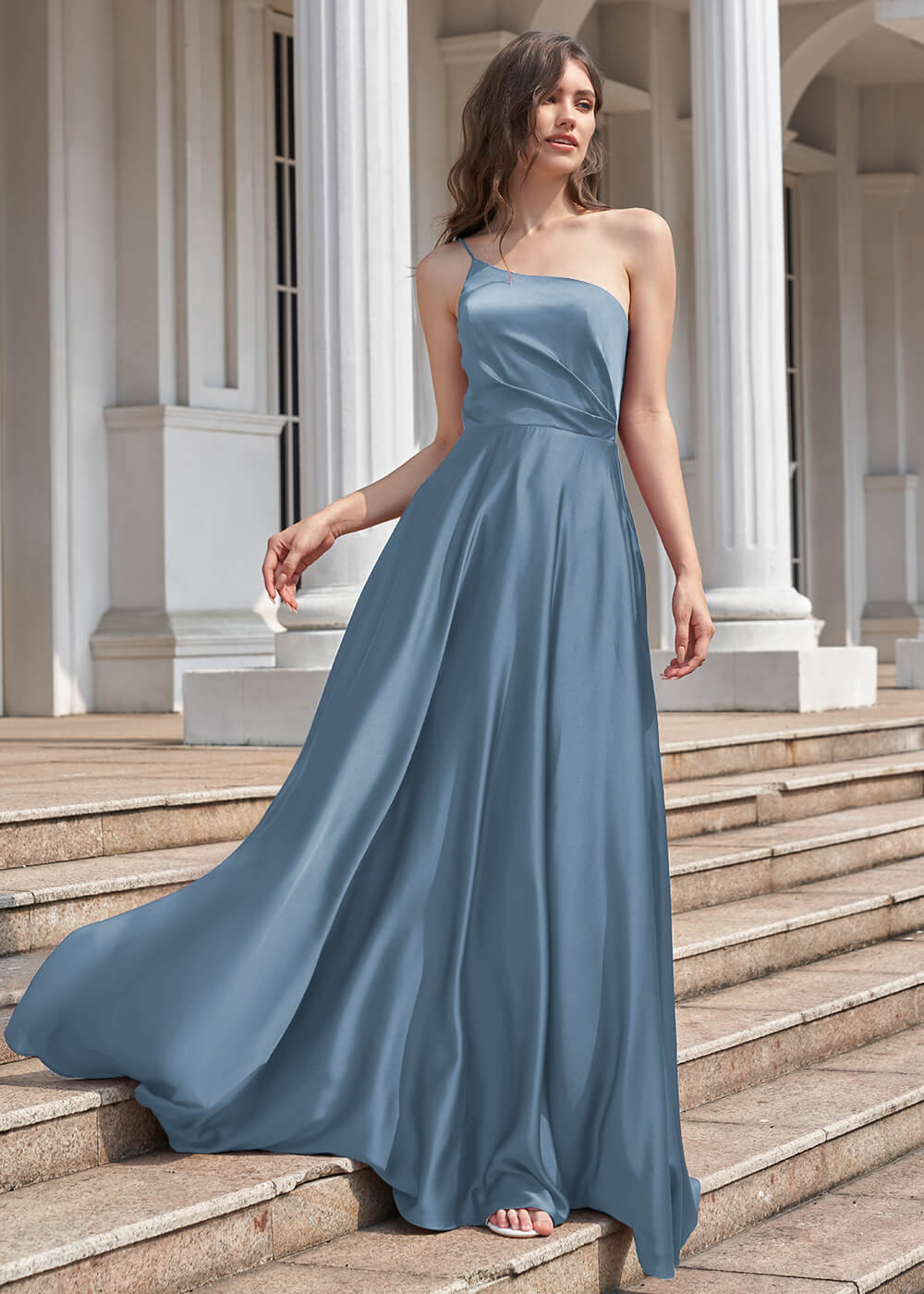 A-line Long One Shoulder Pleated Satin Bridesmaid Dress