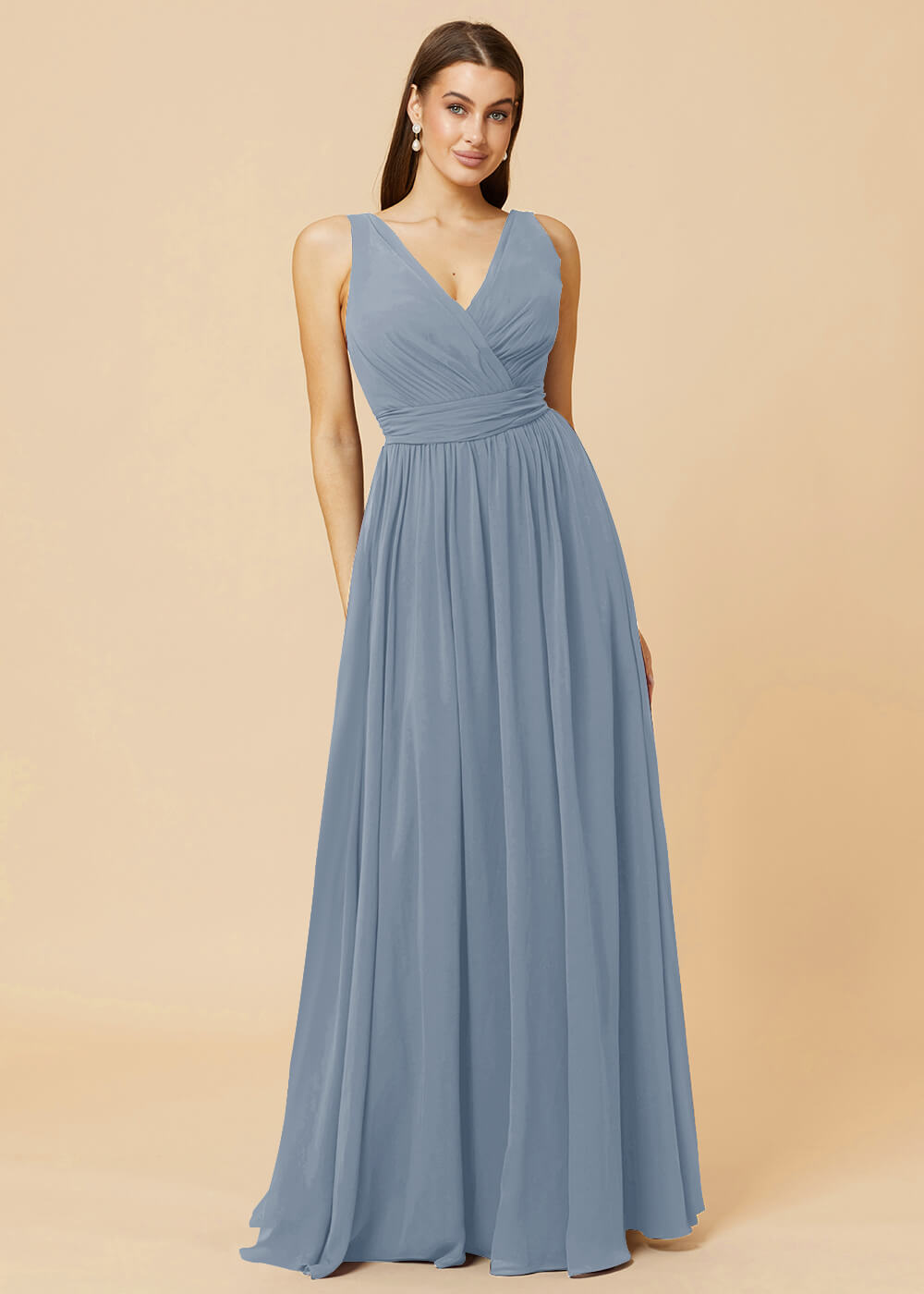 V-neck Pleated Tie Back Chiffon Bridesmaid Dress