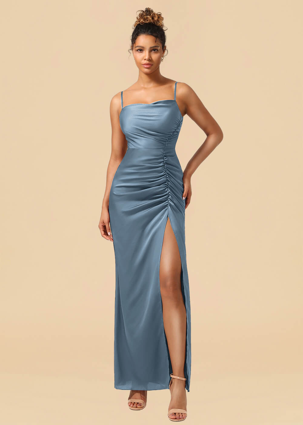 Sheath Satin Pleated Adjustable Spaghatti Strap Maxi Bridesmaid Dress