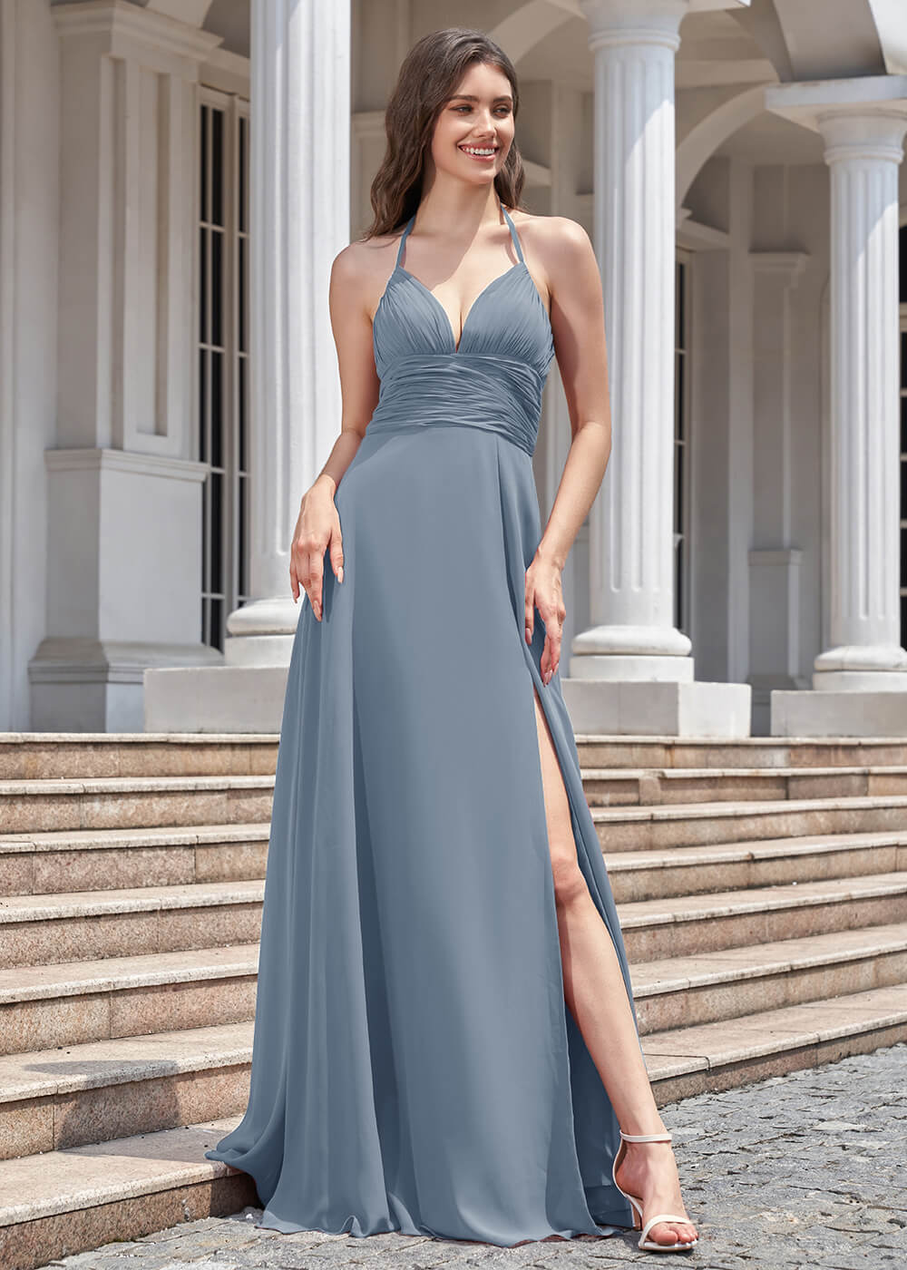 Deep V Halter Neck Pleated A-line Chiffon Long Bridesmaid Dress