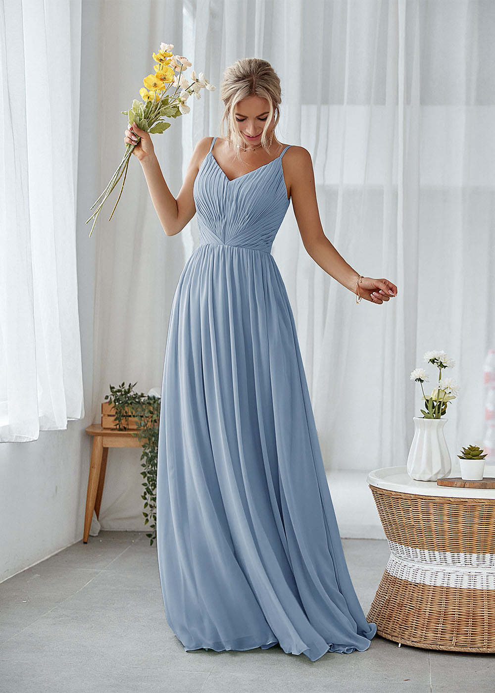 A-line V-neck Pleated Bridesmaid Dress