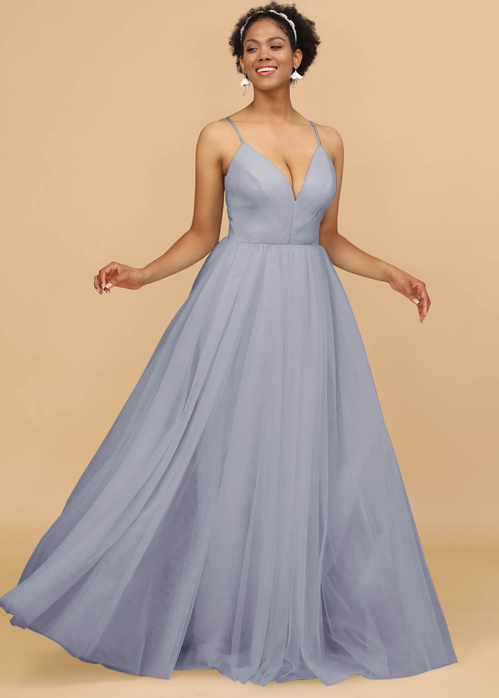 Deep V-neck Strap Tulle Bridesmaid Dress
