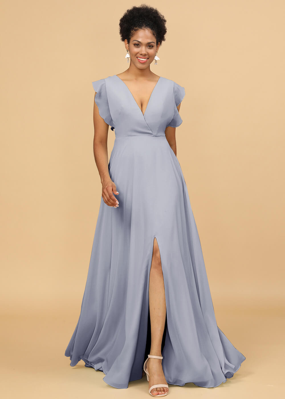 V-neck Ruffles Cap Sleeve Chiffon Bridesmaid Dress