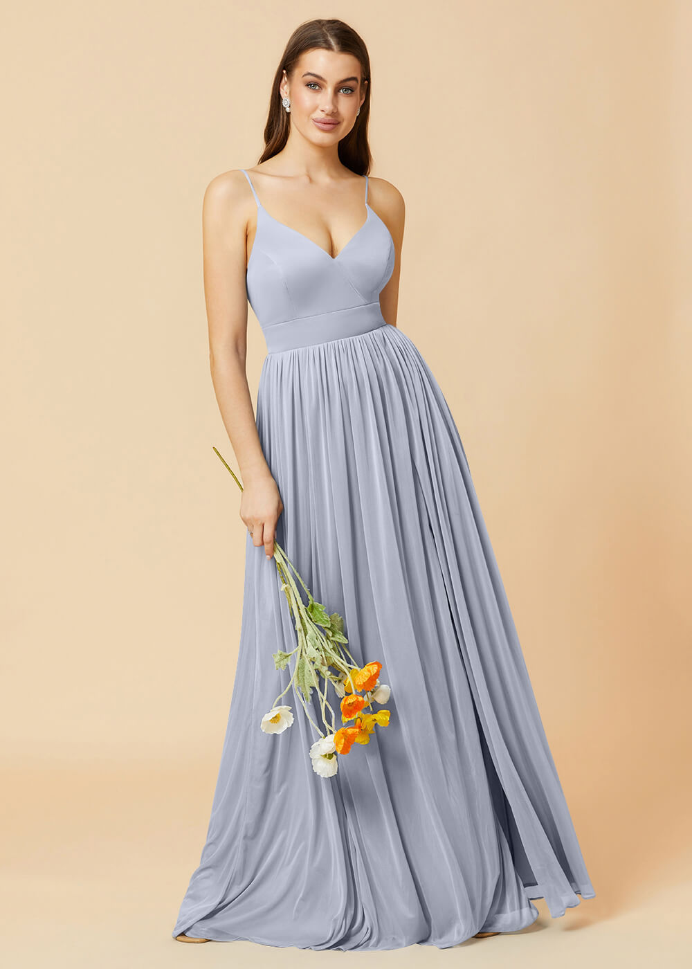 V-neck Spaghetti Strap Open Back Chiffon Bridesmaid Dress