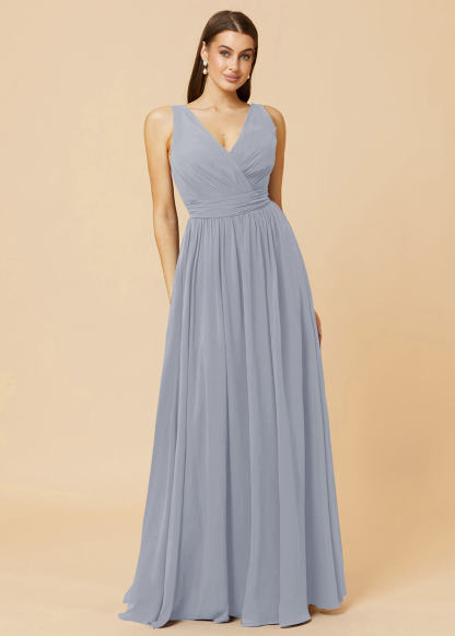 V-neck Pleated Tie Back Chiffon Bridesmaid Dress