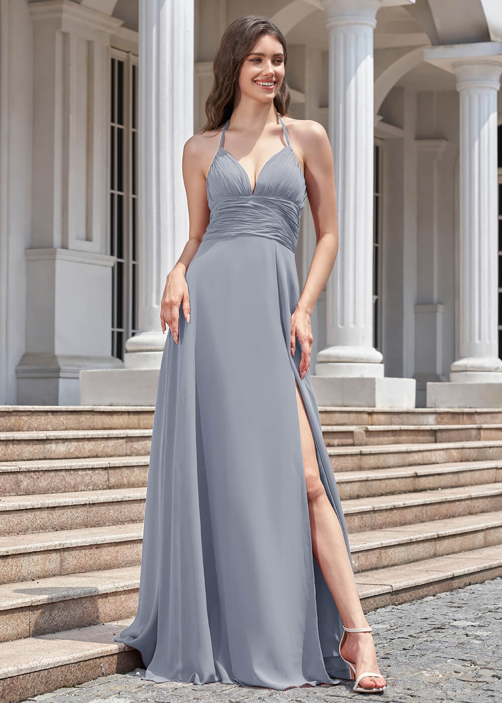 Deep V Halter Neck Pleated A-line Chiffon Long Bridesmaid Dress
