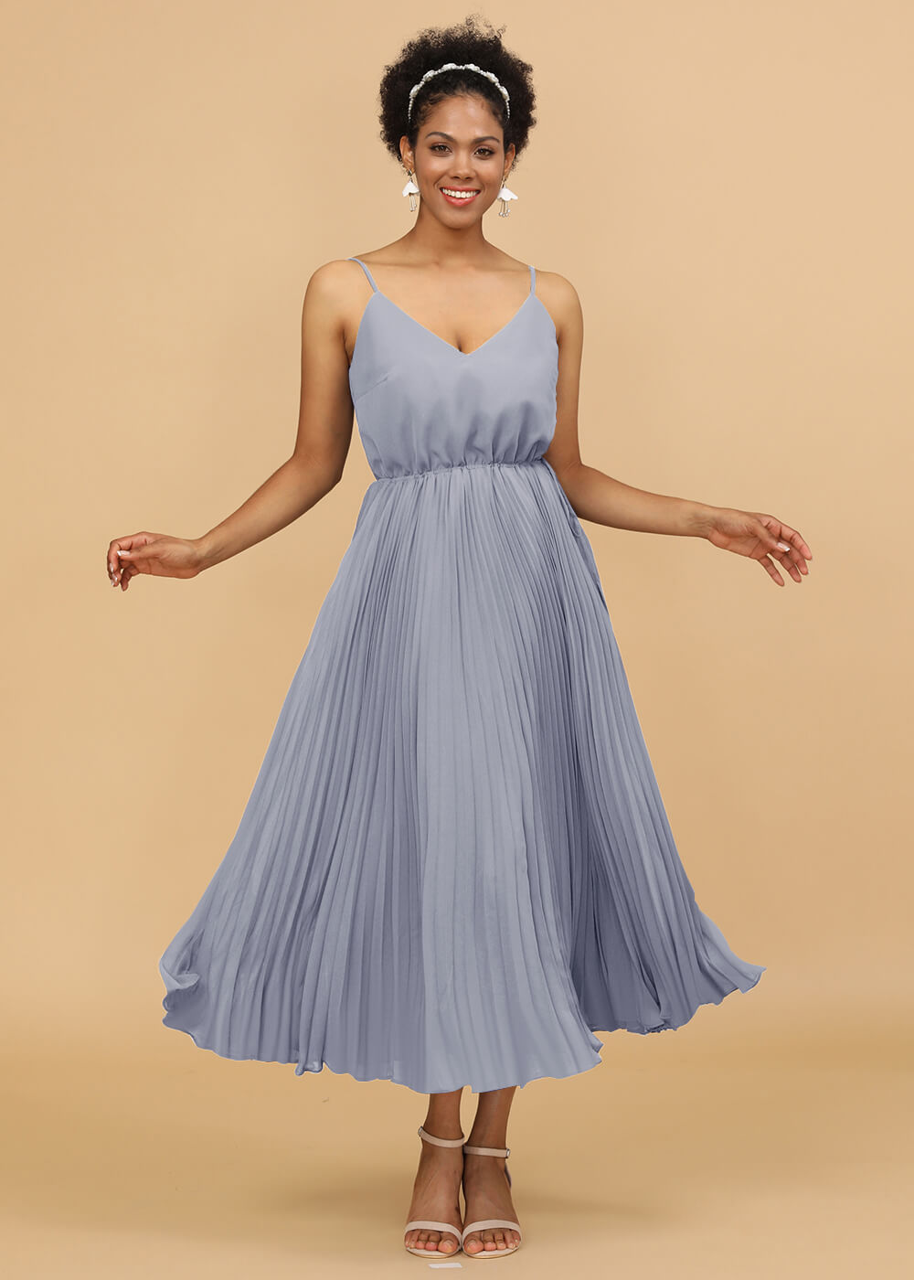 V-neck Spaghetti Strap Tea Length Bridesmaid Dress