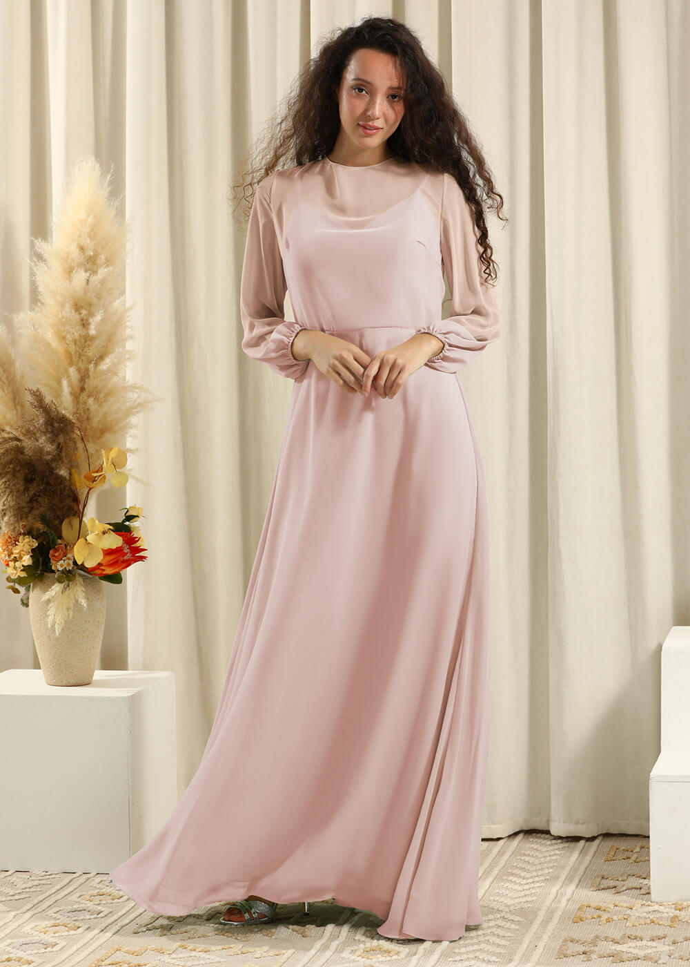 Long Sleeve A-line Chiffon Keyhole Back Bridesmaid Dress