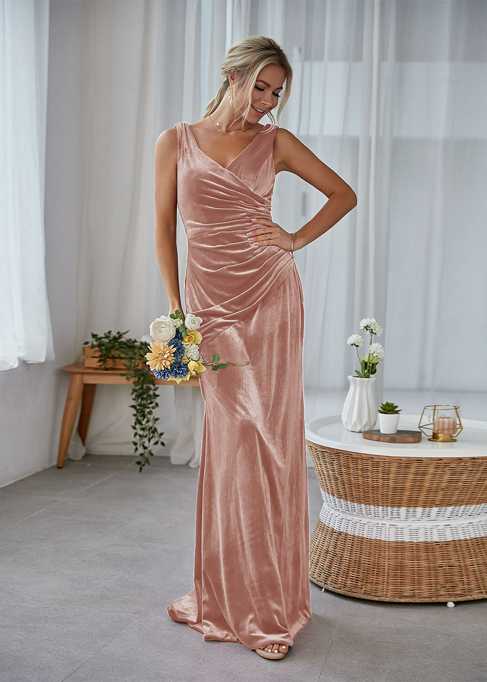 Sheath Long Velvet Bridesmaid Dress