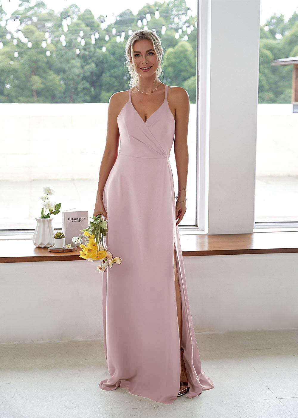 V-neck High Slit Bridesmaid Dress