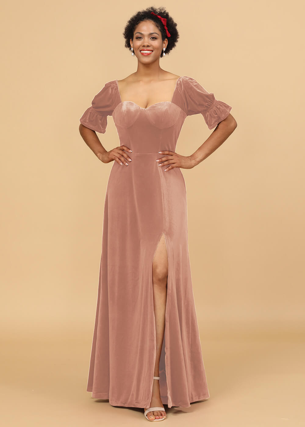 Short Sleeves A-line Velvet Bridesmaid Dress with Sllit