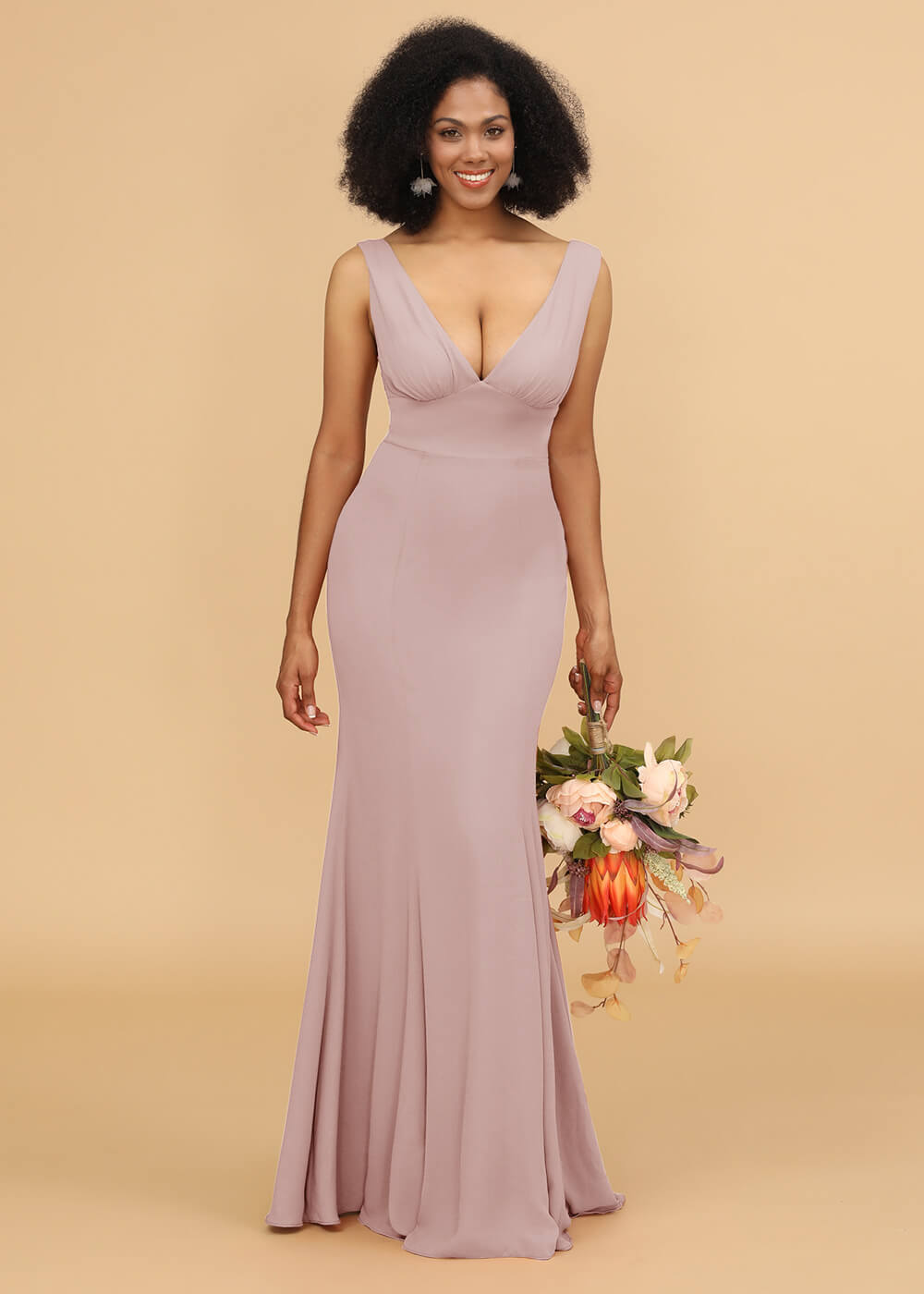 V-neck Trumpet Long Bridesmaid Dress