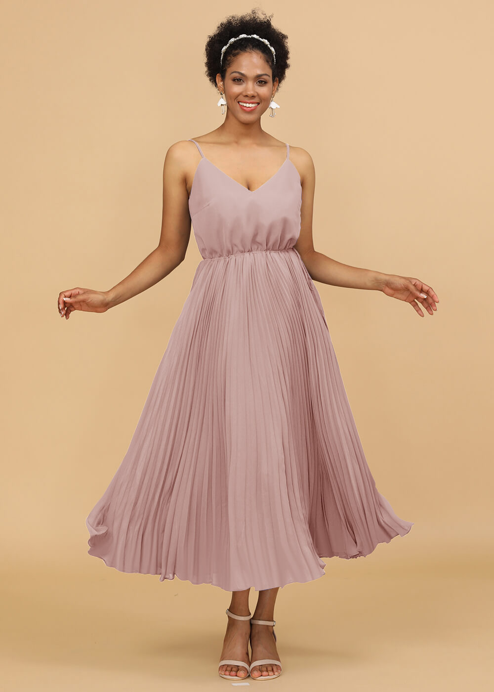 V-neck Spaghetti Strap Tea Length Bridesmaid Dress