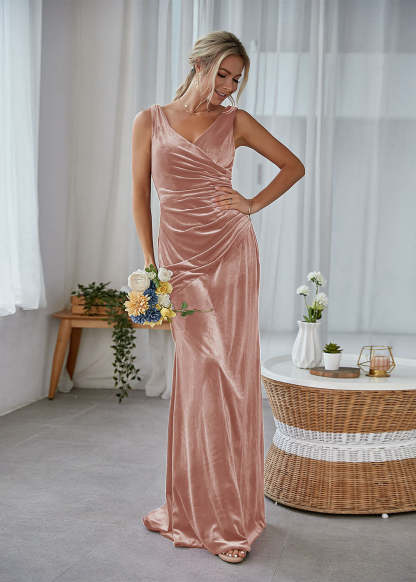 Sheath Long Velvet Bridesmaid Dress