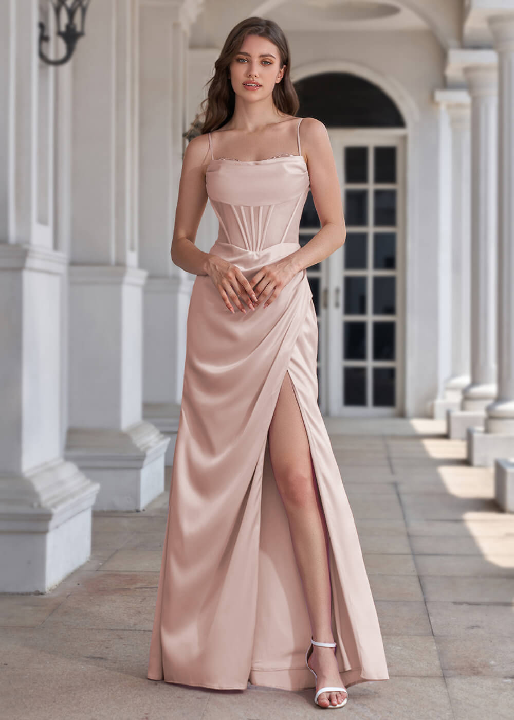 Spaghetti Strap Corset Crepe Sheath Floor Length Bridesmaid Dress
