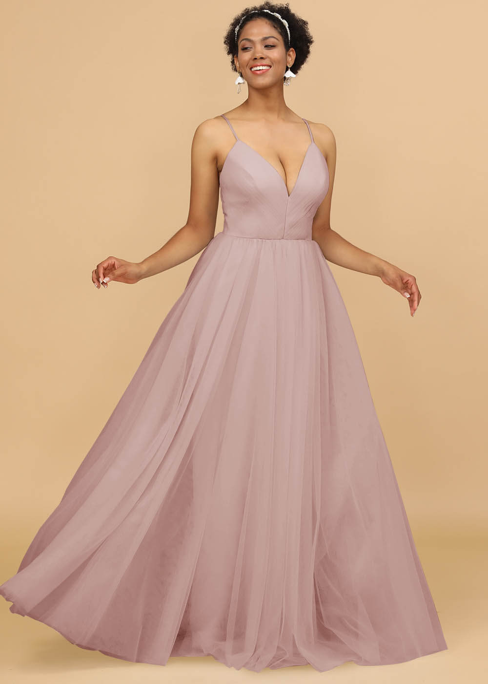 Deep V-neck Strap Tulle Bridesmaid Dress