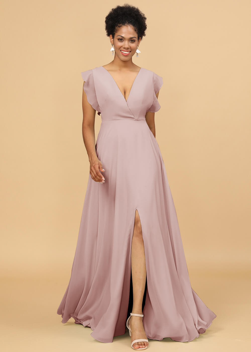 V-neck Ruffles Cap Sleeve Chiffon Bridesmaid Dress