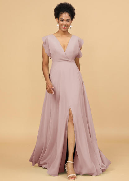 V-neck Ruffles Cap Sleeve Chiffon Bridesmaid Dress