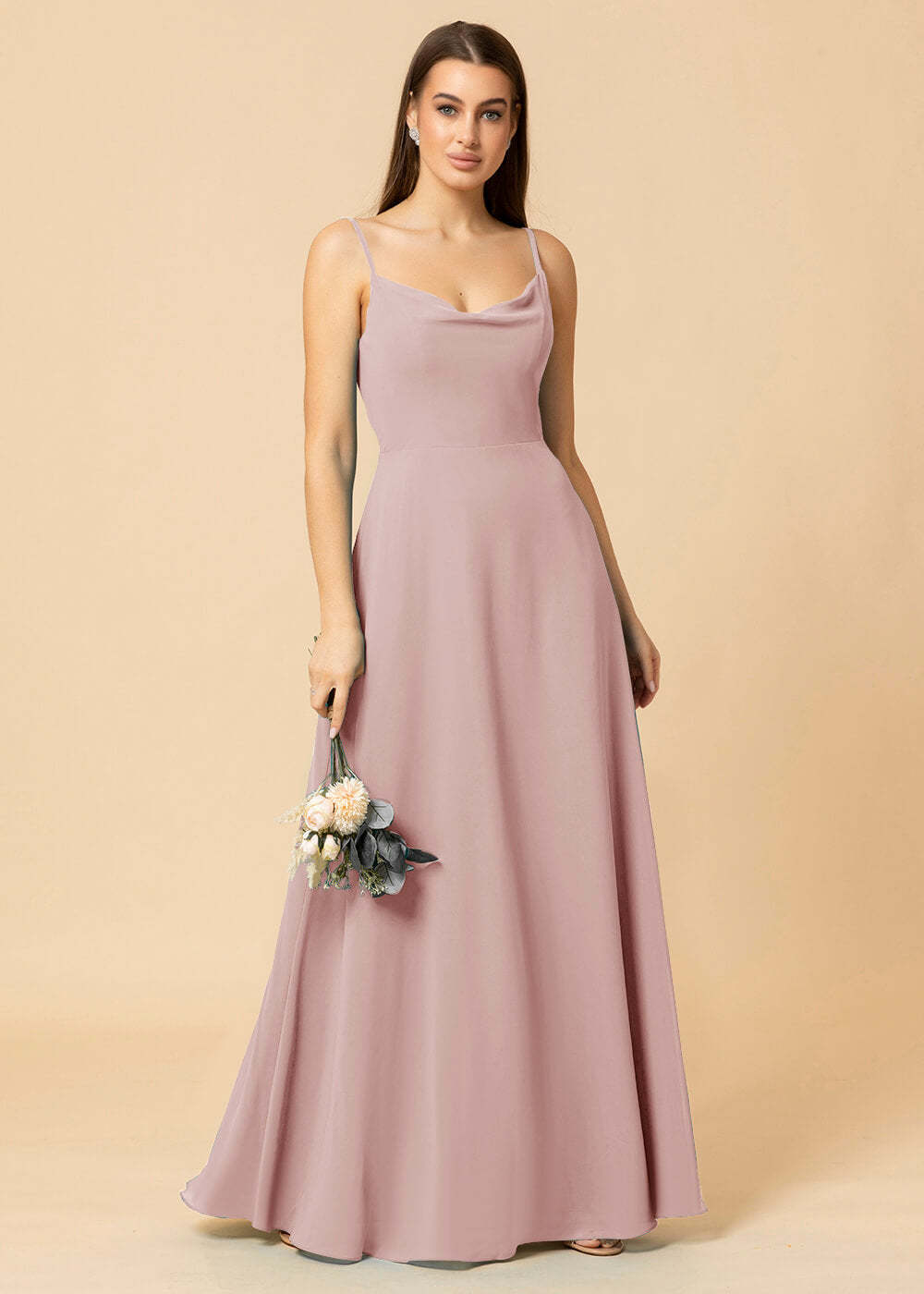 Cowl Neck Strap Chiffon Maxi Bridesmaid Dress