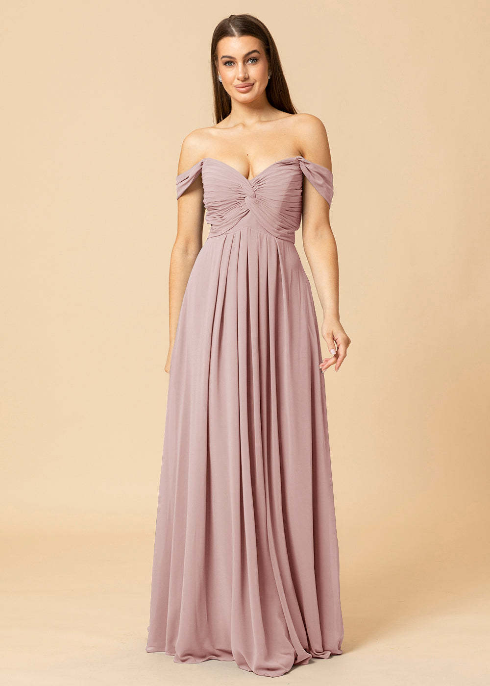 Off the Shoulder Chiffon Maxi Bridesmaid Dress