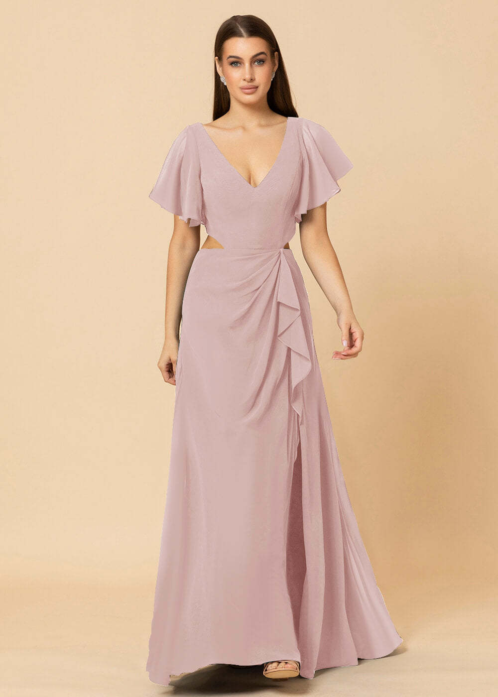 V-neck Waist Cut Out Floor Length Bridesmaid Dress
