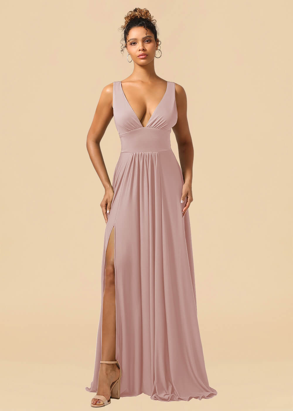 Deep V-neck Spandex A-line Maxi Bridesmaid Dress with Slit
