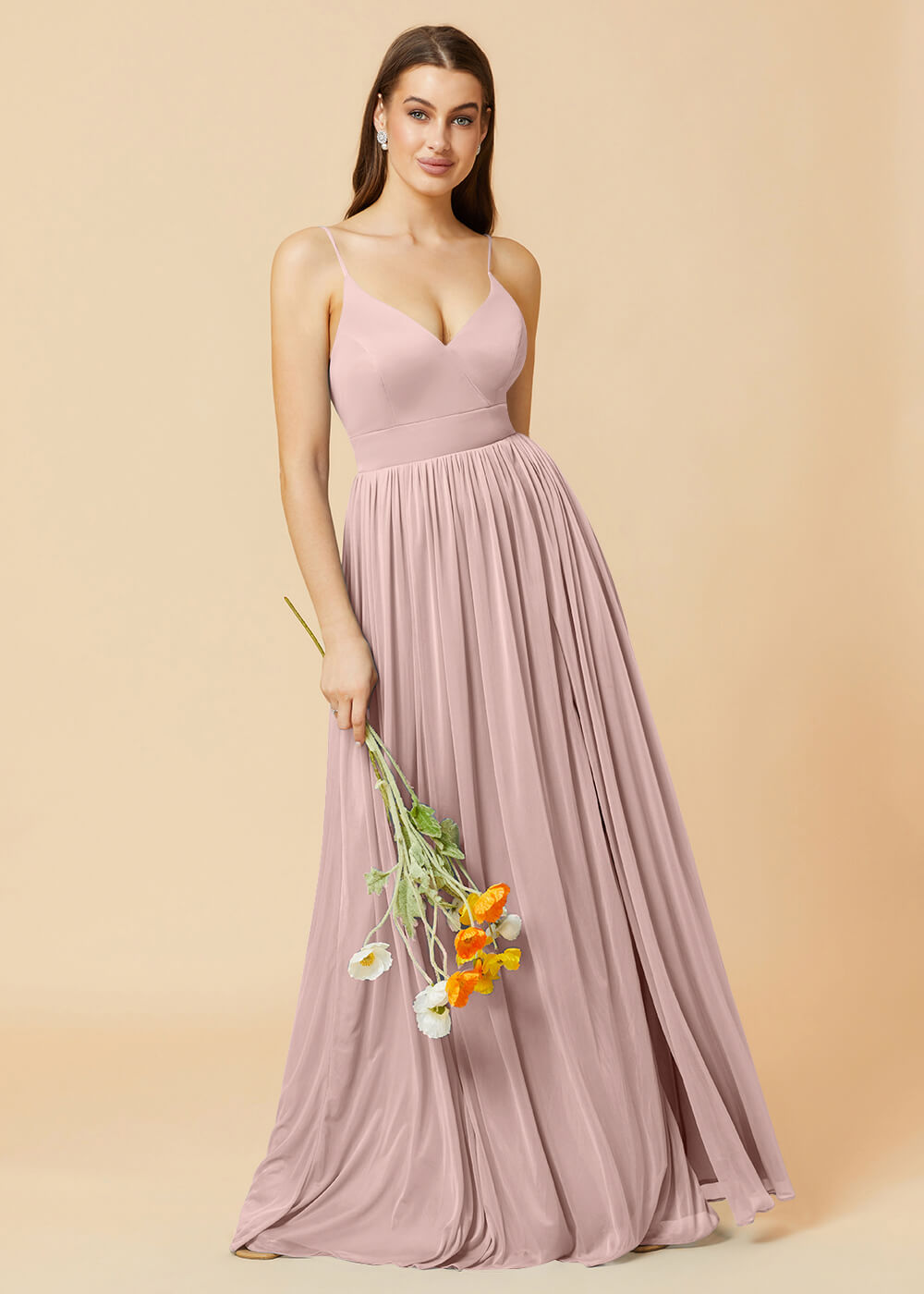 V-neck Spaghetti Strap Open Back Chiffon Bridesmaid Dress