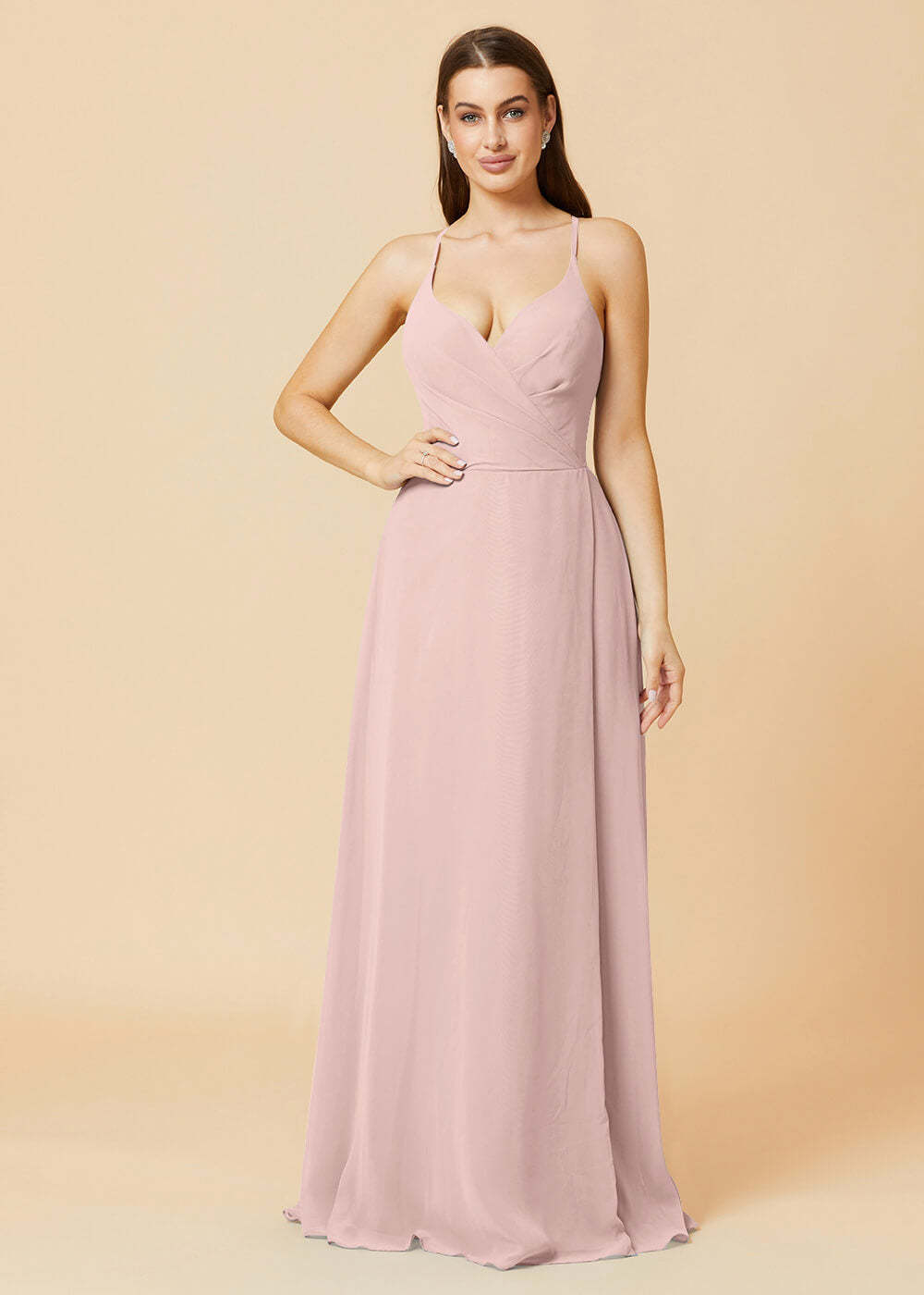 V-neck Spaghetti Strap Button Back Chiffon Bridesmaid Dress