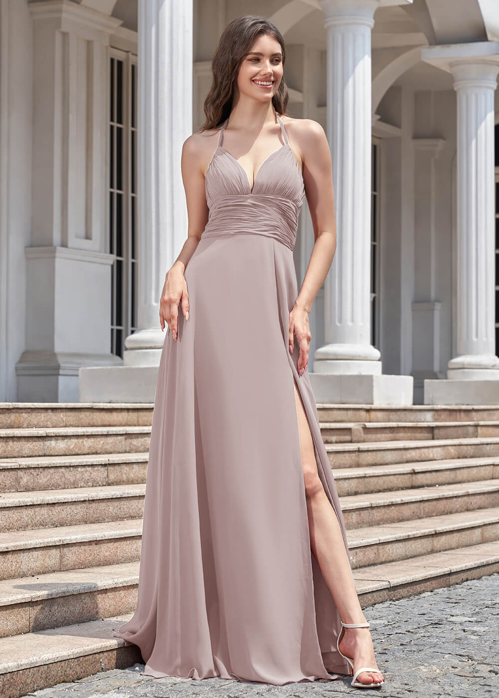 Deep V Halter Neck Pleated A-line Chiffon Long Bridesmaid Dress