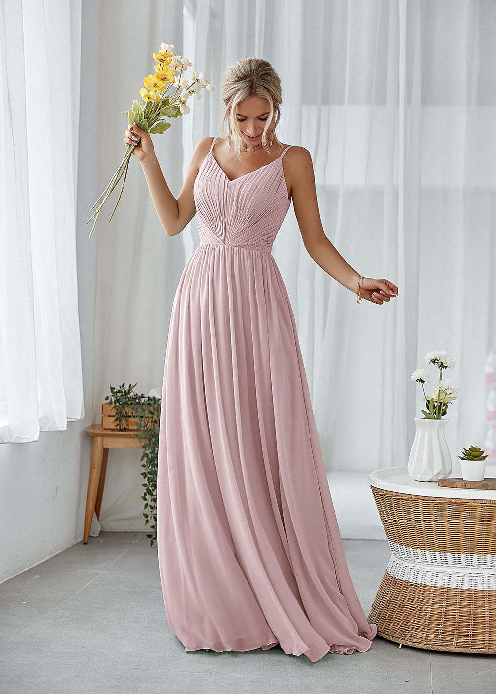 A-line V-neck Pleated Bridesmaid Dress