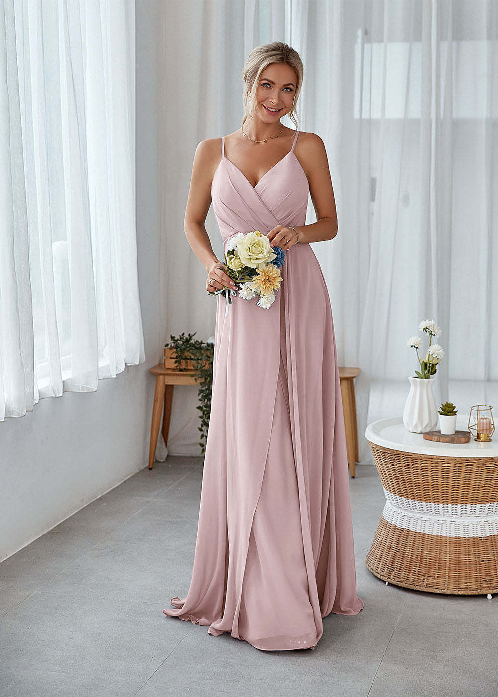A-line Sleeveless Long Chiffon Bridesmaid Dress