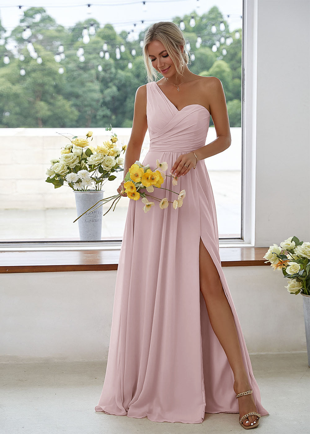 One Shoulder Side Slit Chiffon A line Maxi Bridesmaid Dress Leely