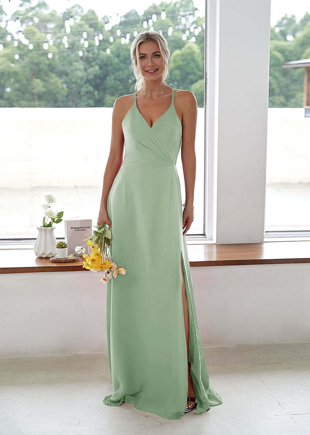 V-neck High Slit Bridesmaid Dress