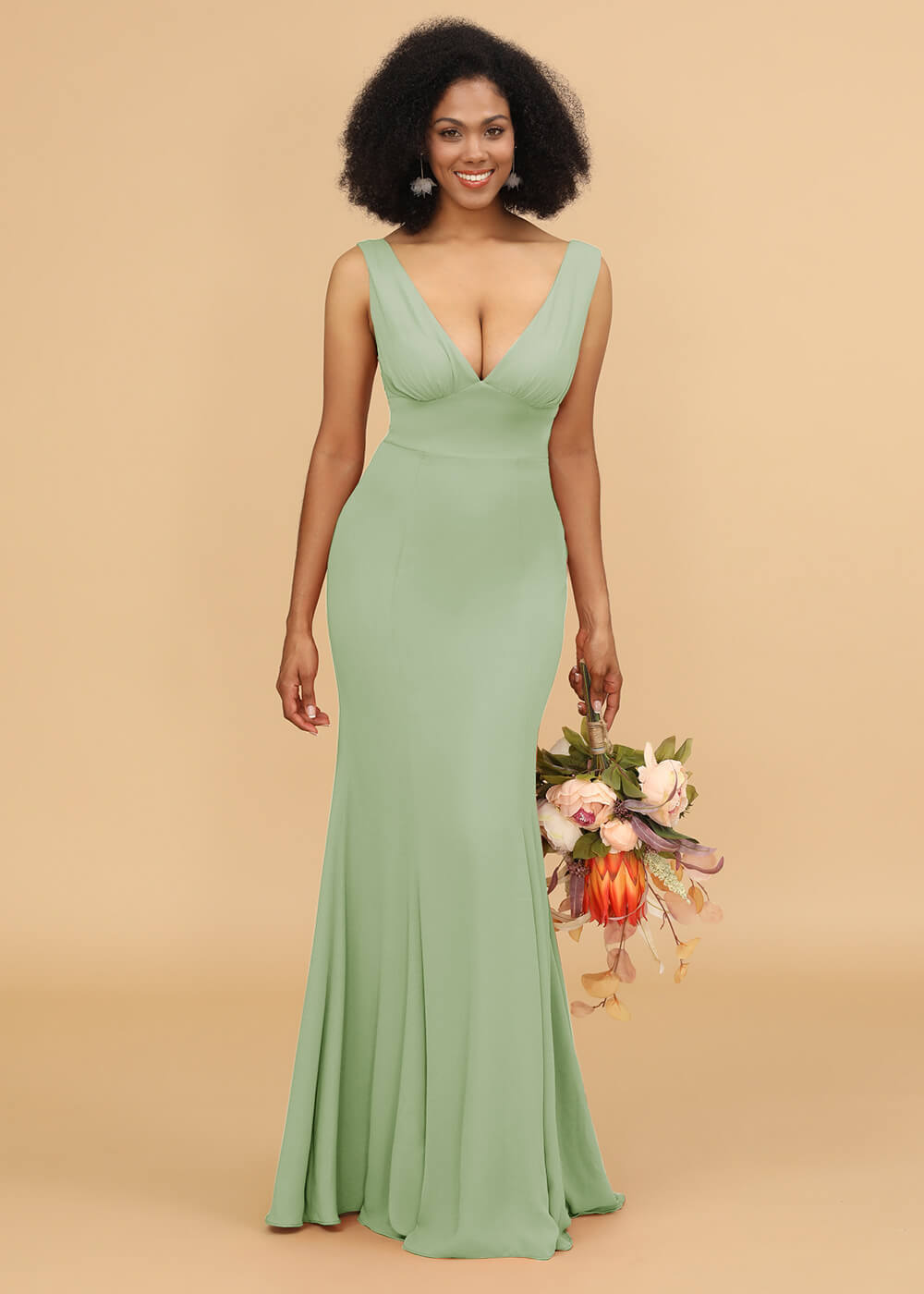 V-neck Trumpet Long Bridesmaid Dress