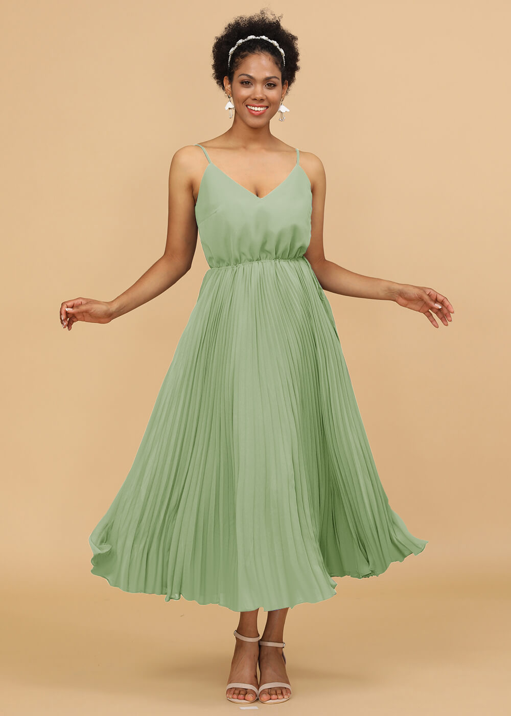 V-neck Spaghetti Strap Tea Length Bridesmaid Dress