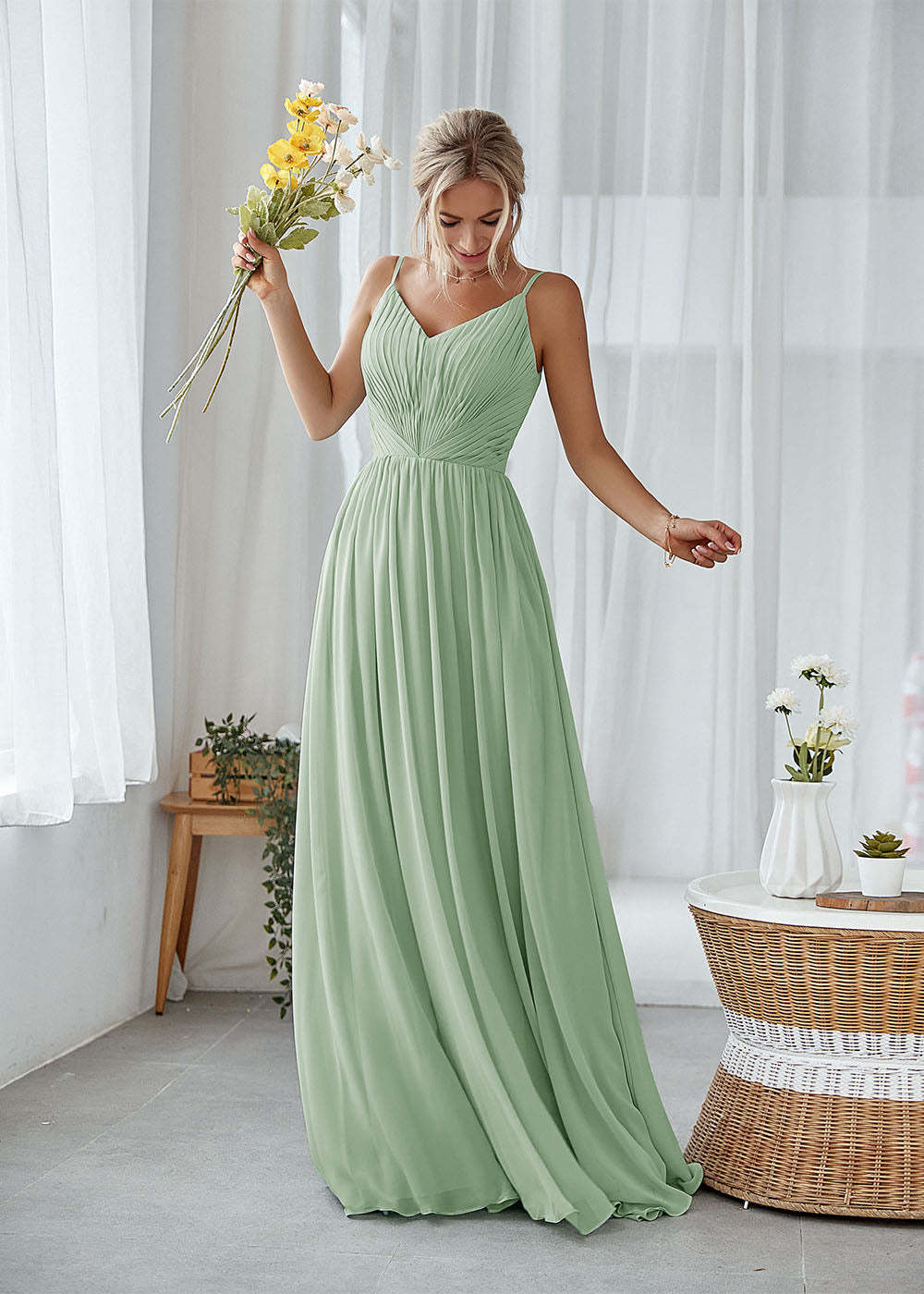 A-line V-neck Pleated Bridesmaid Dress