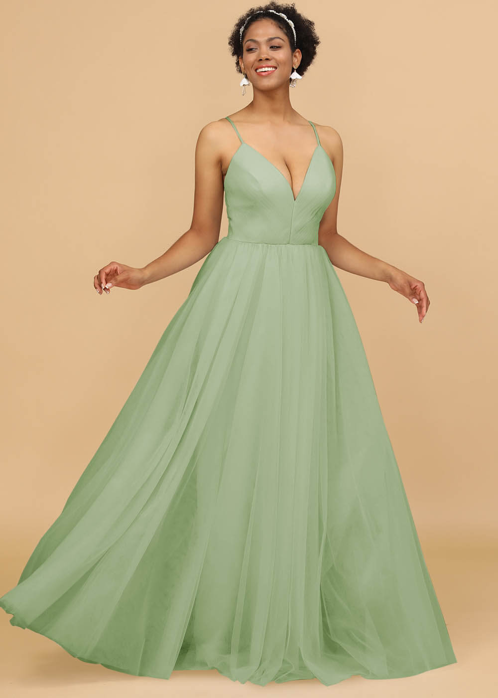 Deep V-neck Strap Tulle Bridesmaid Dress