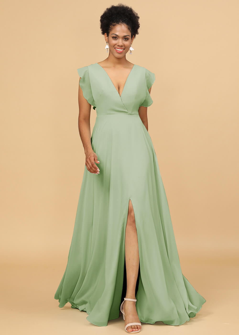 V-neck Ruffles Cap Sleeve Chiffon Bridesmaid Dress