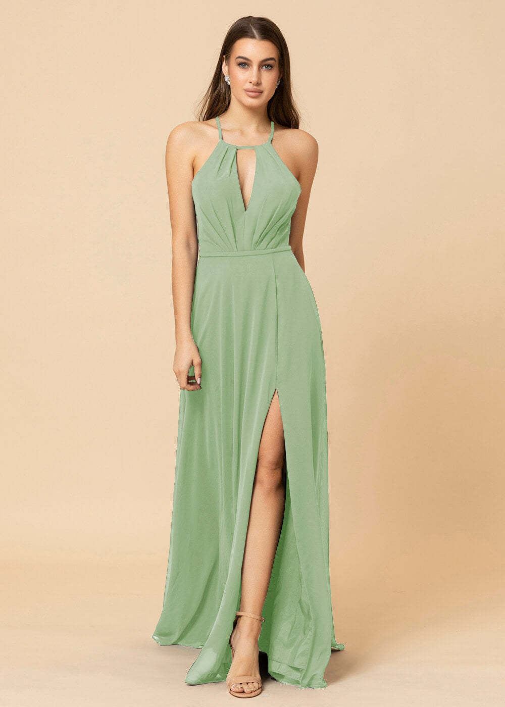Halter Neck Chiffon Floor Length Bridesmaid Dress
