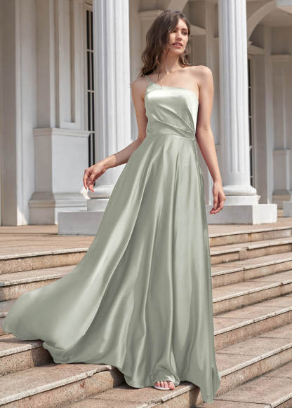 A-line Long One Shoulder Pleated Satin Bridesmaid Dress